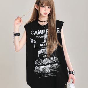 American Retro Printed Letter Tank Top for Girls - Summer 2025 Loose Slimming Sleeveless Sports Top, Y2K Style