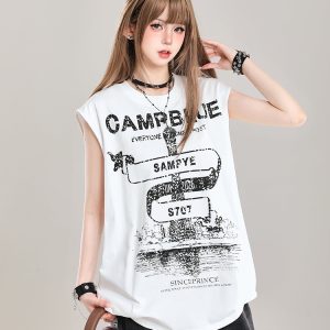 American Retro Printed Letter Tank Top for Girls - Summer 2025 Loose Slimming Sleeveless Sports Top, Y2K Style