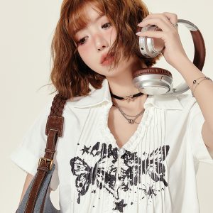 American Retro Printed Short-Sleeve Blouse for Women - Summer Ruffled V-Neck Top, Slimming Fit, Vintage Style