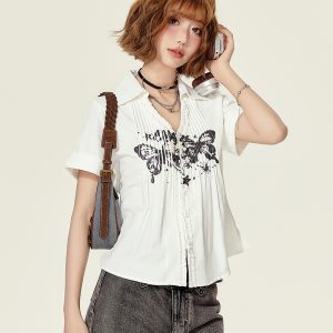 American Retro Printed Short-Sleeve Blouse for Women - Summer Ruffled V-Neck Top, Slimming Fit, Vintage Style
