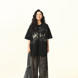 American Retro Printed Short-Sleeve T-Shirt for Men and Women, Oversized Summer Couple Top, Vintage 90s Style