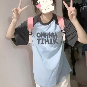 American Retro Raglan Short-Sleeve T-Shirt for Women - Summer 2025 Stylish Top for Middle & High School Students