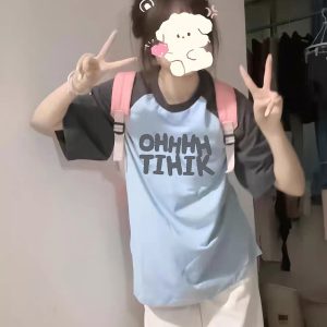 American Retro Raglan Short-Sleeve T-Shirt for Women - Summer 2025 Stylish Top for Middle & High School Students