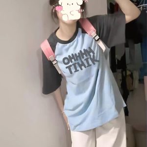 American Retro Raglan Short-Sleeve T-Shirt for Women - Summer 2025 Stylish Top for Middle & High School Students