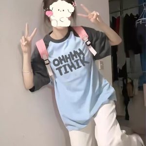 American Retro Raglan Short-Sleeve T-Shirt for Women - Summer 2025 Stylish Top for Middle & High School Students