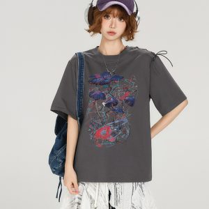 American Retro Round Neck Short Sleeve T-Shirt for Women - Summer Tie Design Loose Slimming Top - Y2K Chic