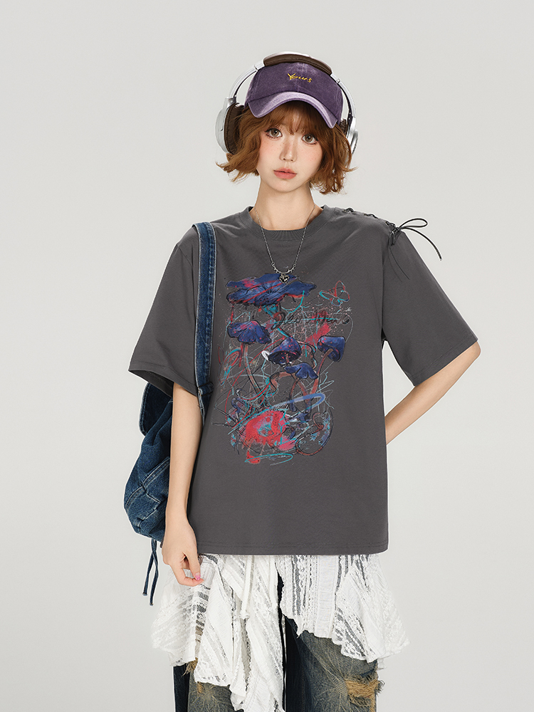 American Retro Round Neck Short Sleeve T-Shirt for Women - Summer Tie Design Loose Slimming Top - Y2K Chic American Retro Round Neck Short Sleeve T-Shirt for Women - Summer Tie Design Loose Slimming Top - Y2K Chic