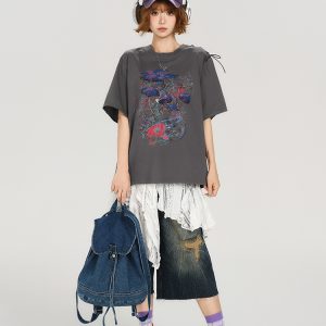 American Retro Round Neck Short Sleeve T-Shirt for Women - Summer Tie Design Loose Slimming Top - Y2K Chic