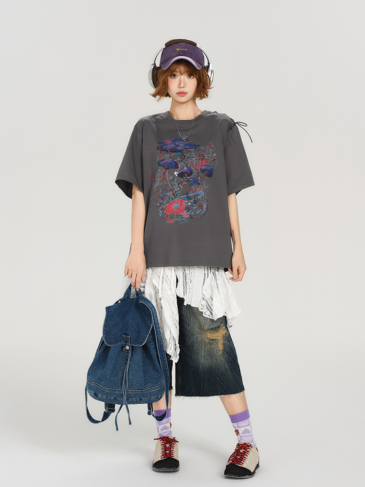 American Retro Round Neck Short Sleeve T-Shirt for Women - Summer Tie Design Loose Slimming Top - Y2K Chic American Retro Round Neck Short Sleeve T-Shirt for Women - Summer Tie Design Loose Slimming Top - Y2K Chic