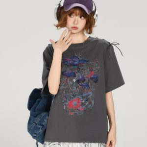 American Retro Round Neck Short Sleeve T-Shirt for Women - Summer Tie Design Loose Slimming Top - Y2K Chic