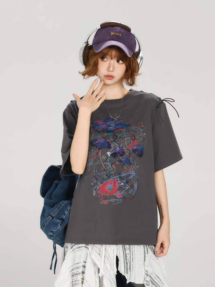 American Retro Round Neck Short Sleeve T-Shirt for Women - Summer Tie Design Loose Slimming Top - Y2K Chic American Retro Round Neck Short Sleeve T-Shirt for Women - Summer Tie Design Loose Slimming Top - Y2K Chic