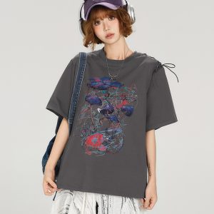 American Retro Round Neck Short Sleeve T-Shirt for Women - Summer Tie Design Loose Slimming Top - Y2K Chic