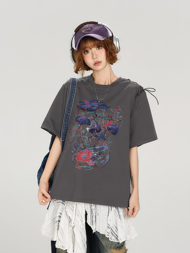 American Retro Round Neck Short Sleeve T-Shirt for Women - Summer Tie Design Loose Slimming Top - Y2K Chic American Retro Round Neck Short Sleeve T-Shirt for Women - Summer Tie Design Loose Slimming Top - Y2K Chic