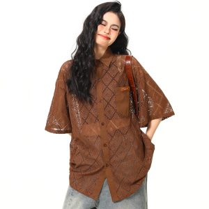 American Retro Short Sleeve Shirt Jacket for Women - Summer Loose Casual Top with Unique Design