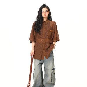 American Retro Short Sleeve Shirt Jacket for Women - Summer Loose Casual Top with Unique Design