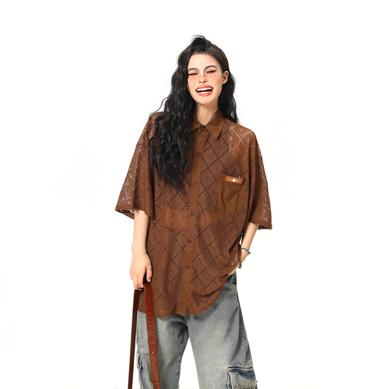 American Retro Short Sleeve Shirt Jacket for Women - Summer Loose Casual Top with Unique Design