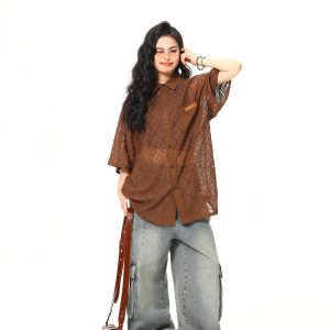 American Retro Short Sleeve Shirt Jacket for Women - Summer Loose Casual Top with Unique Design
