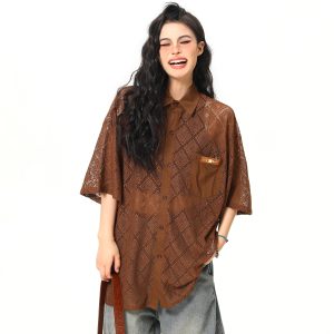 American Retro Short Sleeve Shirt Jacket for Women - Summer Loose Casual Top with Unique Design