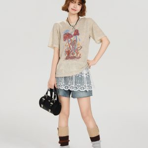 American Retro Short Sleeve T-Shirt for Women - Summer Casual Round Neck Top, Printed Loose-Fitting Slimming Style