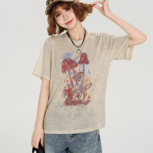 American Retro Short Sleeve T-Shirt for Women - Summer Casual Round Neck Top, Printed Loose-Fitting Slimming Style