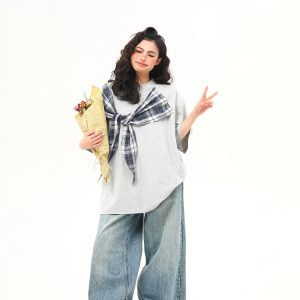 American Retro Short-Sleeve T-Shirt for Women - Wild A-Zi Shawl Design, Loose Fit, Summer Versatile Style