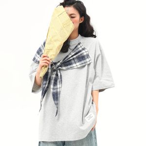 American Retro Short-Sleeve T-Shirt for Women - Wild A-Zi Shawl Design, Loose Fit, Summer Versatile Style