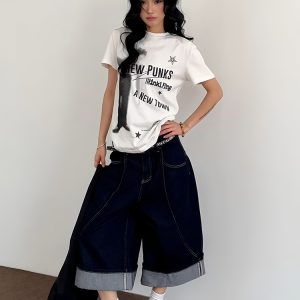 American Retro Short Sleeve T-Shirt for Women, Summer Punk Letter Print, Slim Fit Versatile Top, Y2K Trendy Style