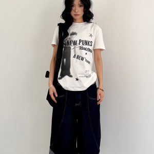 American Retro Short Sleeve T-Shirt for Women, Summer Punk Letter Print, Slim Fit Versatile Top, Y2K Trendy Style