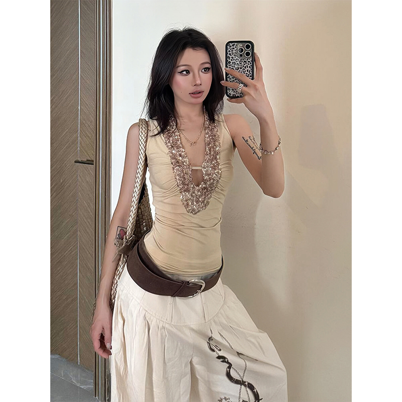 American Retro Sleeveless Spicy Girl Tank Top with Sequins, Slim Fit Summer Top, Trendy Y2K Style