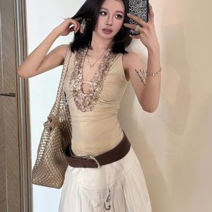 American Retro Sleeveless Spicy Girl Tank Top with Sequins, Slim Fit Summer Top, Trendy Y2K Style