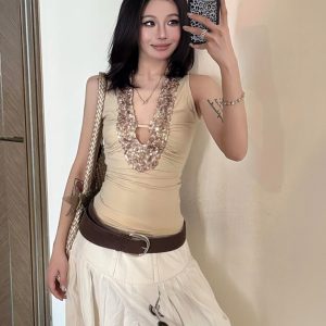 American Retro Sleeveless Spicy Girl Tank Top with Sequins, Slim Fit Summer Top, Trendy Y2K Style