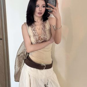 American Retro Sleeveless Spicy Girl Tank Top with Sequins, Slim Fit Summer Top, Trendy Y2K Style