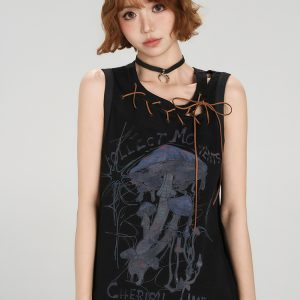 American Retro Sleeveless T-Shirt for Women - Summer Tie Design, Loose Slimming Tank Top, Y2K Fashion Style