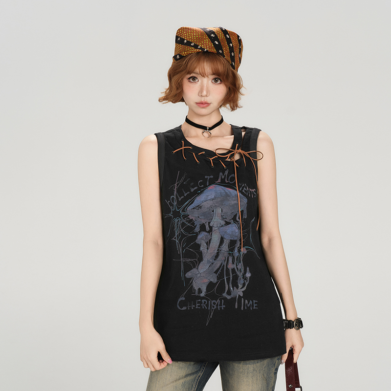 American Retro Sleeveless T-Shirt for Women - Summer Tie Design, Loose Slimming Tank Top, Y2K Fashion Style