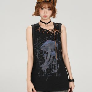 American Retro Sleeveless T-Shirt for Women - Summer Tie Design, Loose Slimming Tank Top, Y2K Fashion Style