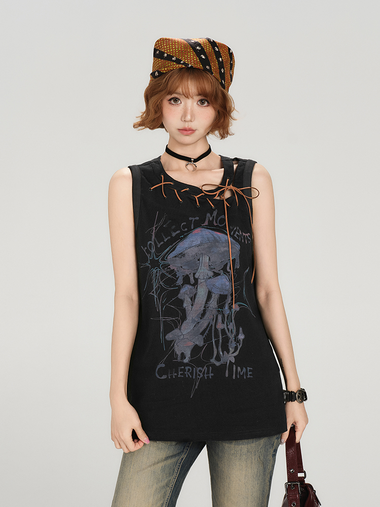 American Retro Sleeveless T-Shirt for Women - Summer Tie Design, Loose Slimming Tank Top, Y2K Fashion Style American Retro Sleeveless T-Shirt for Women - Summer Tie Design, Loose Slimming Tank Top, Y2K Fashion Style