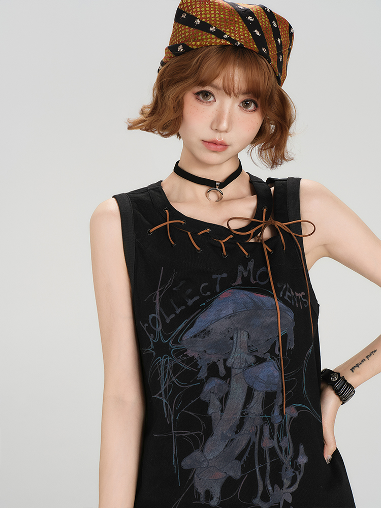 American Retro Sleeveless T-Shirt for Women - Summer Tie Design, Loose Slimming Tank Top, Y2K Fashion Style American Retro Sleeveless T-Shirt for Women - Summer Tie Design, Loose Slimming Tank Top, Y2K Fashion Style