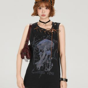 American Retro Sleeveless T-Shirt for Women - Summer Tie Design, Loose Slimming Tank Top, Y2K Fashion Style