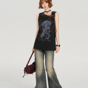 American Retro Sleeveless T-Shirt for Women - Summer Tie Design, Loose Slimming Tank Top, Y2K Fashion Style