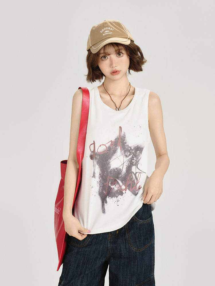 American Retro Sleeveless Tank Top for Women - Summer Casual Printed T-Shirt, Loose Fit Slimming Style American Retro Sleeveless Tank Top for Women - Summer Casual Printed T-Shirt, Loose Fit Slimming Style