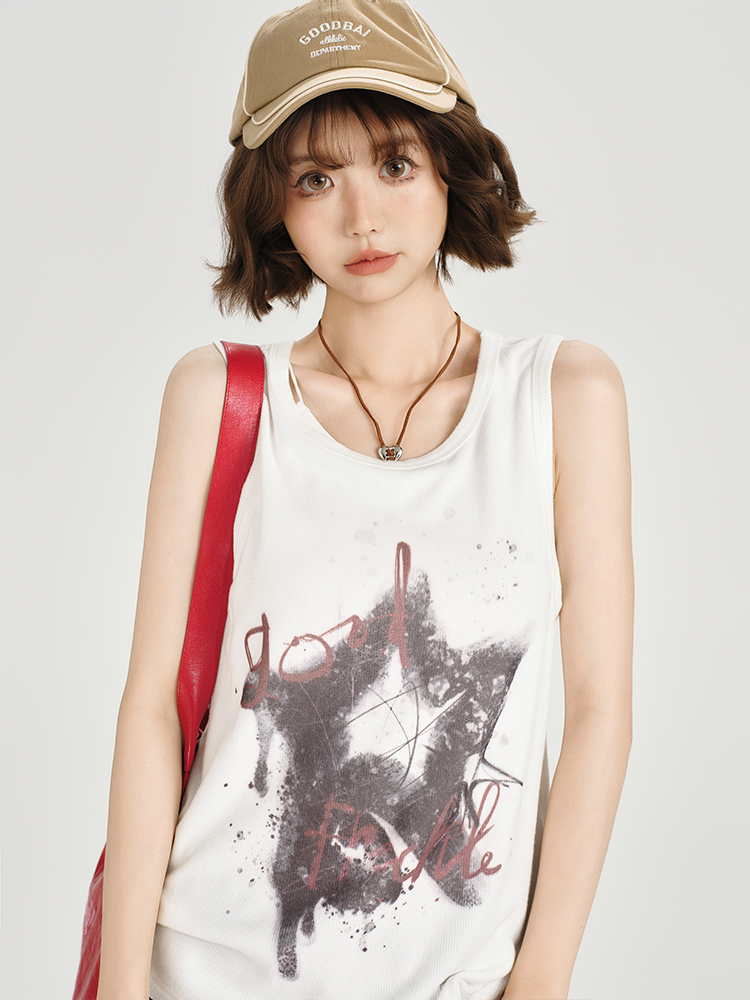 American Retro Sleeveless Tank Top for Women - Summer Casual Printed T-Shirt, Loose Fit Slimming Style American Retro Sleeveless Tank Top for Women - Summer Casual Printed T-Shirt, Loose Fit Slimming Style