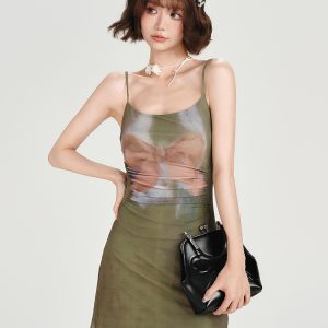 American Retro Spicy Girl Mesh Strap Dress - Women's Summer Slim Fit Ink Dyed Dress for Y2K and 90s Inspired Fashion