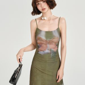 American Retro Spicy Girl Mesh Strap Dress - Women's Summer Slim Fit Ink Dyed Dress for Y2K and 90s Inspired Fashion