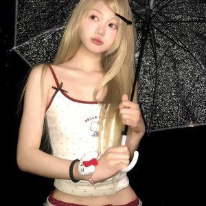 American Retro Spicy Girl Summer Hello Kitty Color-Blocking Slim-Fit Tank Top - Trendy 90s Y2K Style for Fashion Lovers