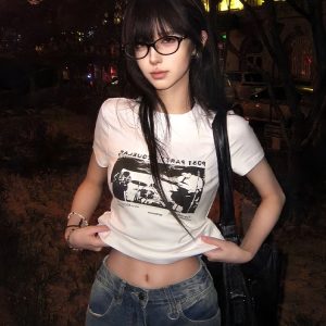 American Retro Spicy Girl T-Shirt for Women, Summer Band Print, Round Neck, Short Sleeve, Slim Fit, Trendy 90s Style Top