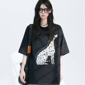 American Retro Spotted Dog Short Sleeve T-Shirt for Women - Loose Fit Heavyweight Summer Tee, Casual 90s Style Top