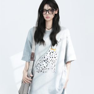 American Retro Spotted Dog Short Sleeve T-Shirt for Women - Loose Fit Heavyweight Summer Tee, Casual 90s Style Top