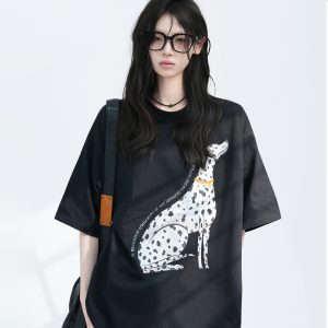 American Retro Spotted Dog Short Sleeve T-Shirt for Women - Loose Fit Heavyweight Summer Tee, Casual 90s Style Top