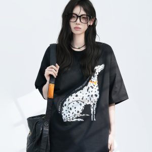 American Retro Spotted Dog Short Sleeve T-Shirt for Women - Loose Fit Heavyweight Summer Tee, Casual 90s Style Top