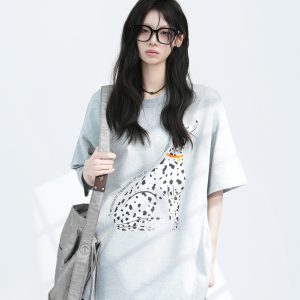 American Retro Spotted Dog Short Sleeve T-Shirt for Women - Loose Fit Heavyweight Summer Tee, Casual 90s Style Top